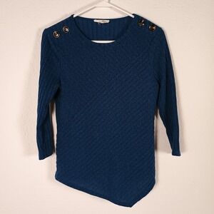 Parallel Skies Teal Blue Quilted Texture 3/4 Sleeve Sweater Asymmetrical Hem S